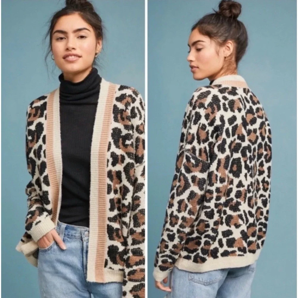 Line & Dot Luella Leopard Print Cardigan Sweater Tan Black Open Front Small